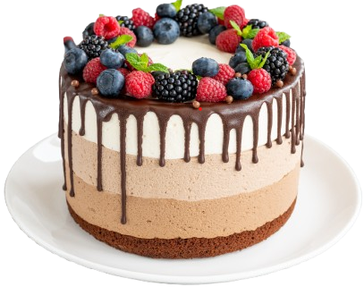 three chocolate mousse cake with chocolate glaze blueberries raspberries blackberries removebg preview